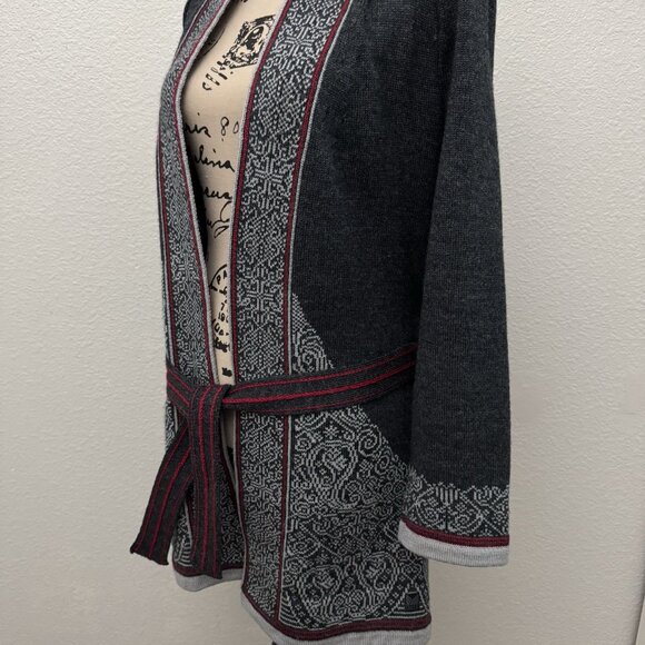 Dale of Norway Sweater Size Medium Open Front Long Belted Gray Cardigan - Picture 12 of 16